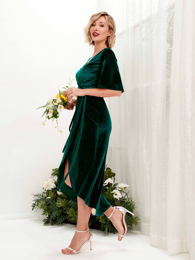 Carlyna Susie Sheath Hunter Green Velvet Bridesmaid Dress Midi Half Sleeve V-Neck Dress Side View 4 #color_hunter-green