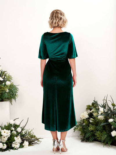 Carlyna Susie Sheath Hunter Green Velvet Bridesmaid Dress Midi Half Sleeve V-Neck Dress Back View #color_hunter-green