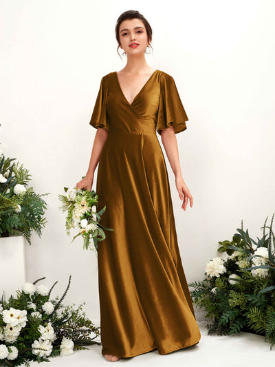 Carlyna Janet A-Line Burnished Gold Velvet Bridesmaid Dress Maxi Short Sleeve V-Neck Dress Front View #color_burnished-gold