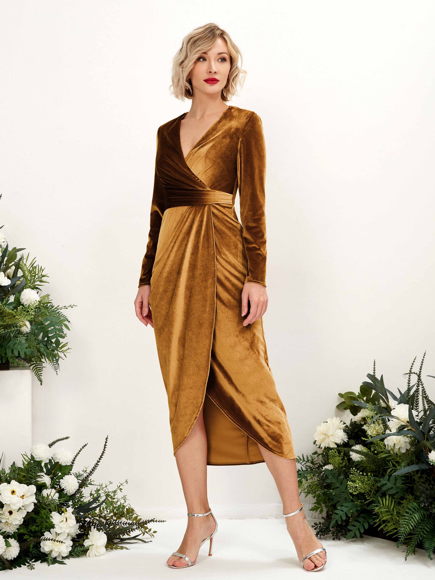 V-neck Long Sleeves Velvet Bridesmaid Dress - Burnished Gold (80220916)#color_burnished-gold