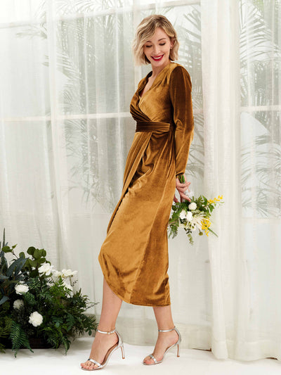 Carlyna Jenny Sheath Burnished Gold Velvet Bridesmaid Dress Midi Long Sleeve V-Neck Side View 5 #color_burnished-gold