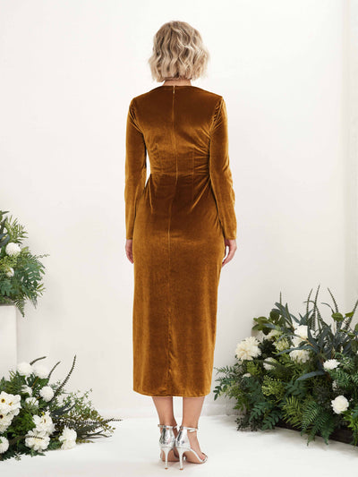 Carlyna Jenny Sheath Burnished Gold Velvet Bridesmaid Dress Midi Long Sleeve V-Neck Back View #color_burnished-gold