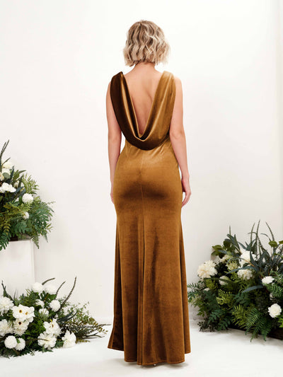 Carlyna Audrey Mermaid Burnished Gold Velvet Bridesmaid Dress Maxi Sleeveless V-Neck Dress Back View #color_burnished-gold
