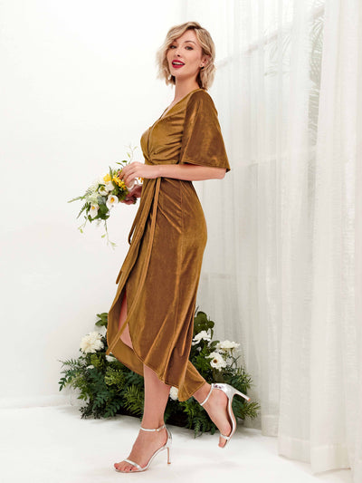 Carlyna Susie Sheath Burnished Gold Velvet Bridesmaid Dress Midi Half Sleeve V-Neck Dress Side View 4 #color_burnished-gold