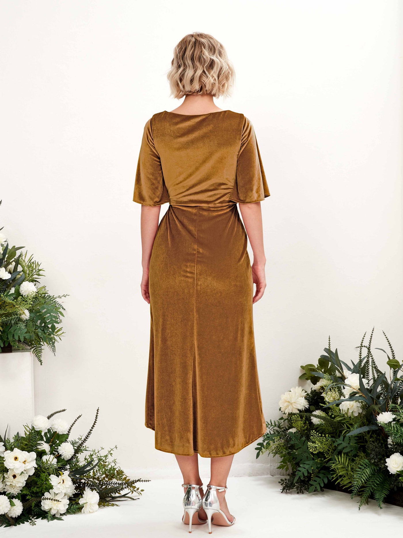 V-neck 3/4 Sleeves Velvet Bridesmaid Dress - Burnished Gold (80222316)#color_burnished-gold