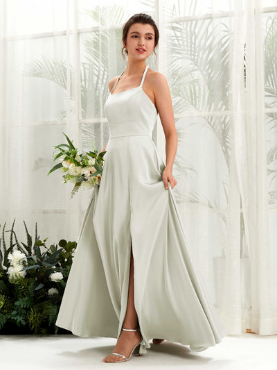 Carlyna Jocelyn A-Line Ivory Satin Bridesmaid Dress Maxi Sleeveless Halter Dress Front View #color_ivory