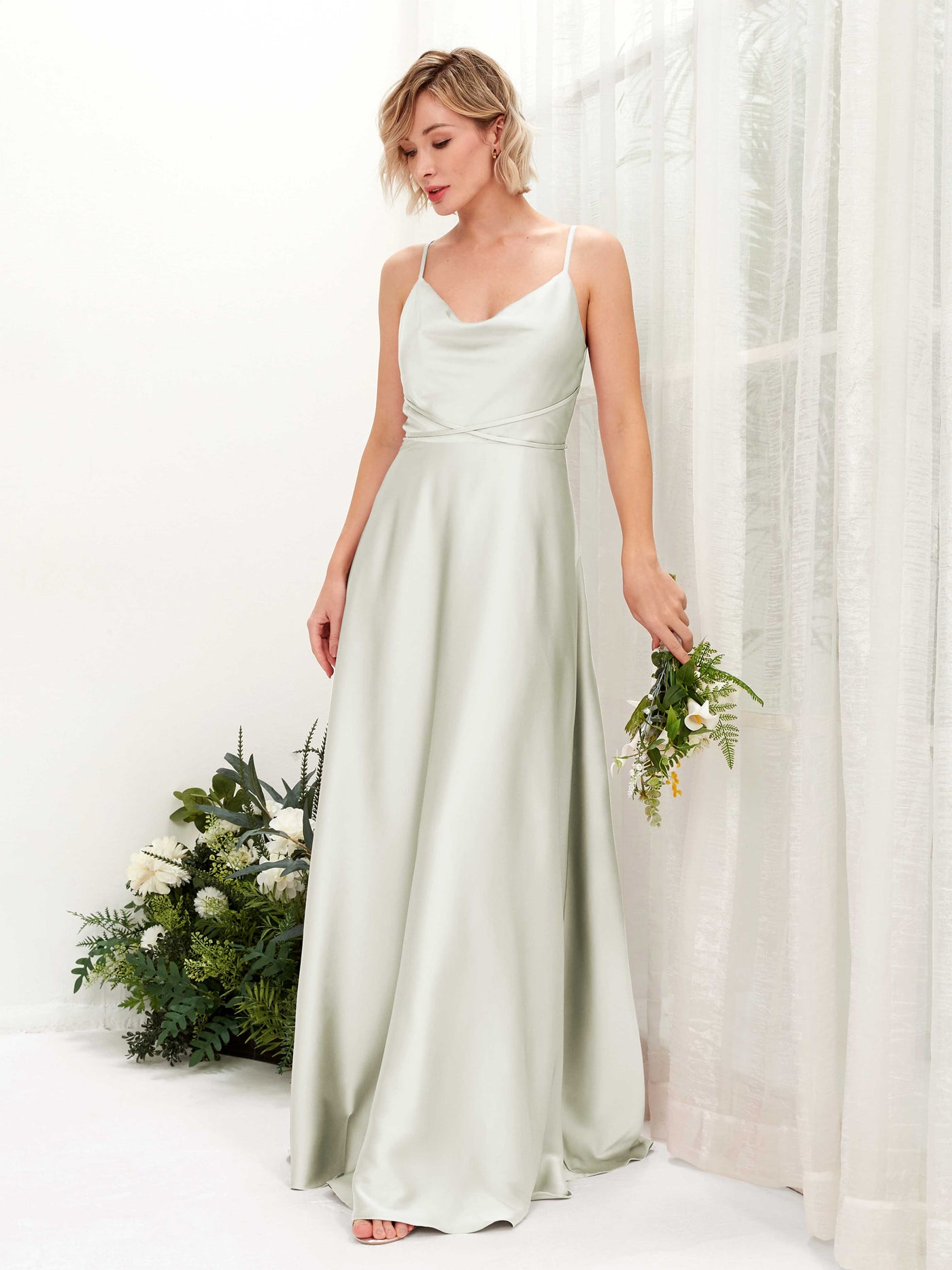 A-line Open back Straps Sleeveless Satin Bridesmaid Dress - Ivory (80223176)#color_ivory