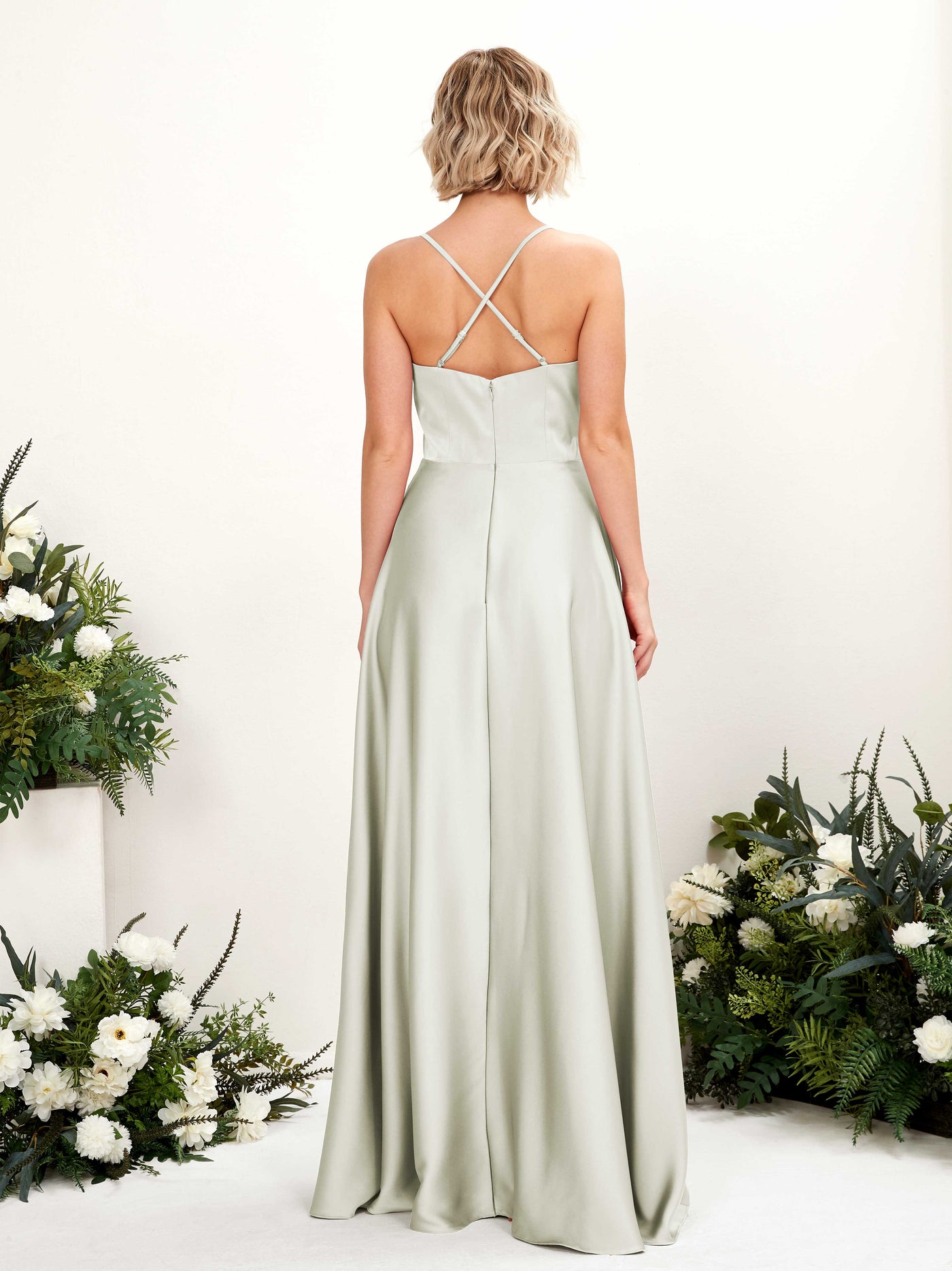 A-line Straps V-neck Satin Bridesmaid Dress - Ivory (80224876)#color_ivory