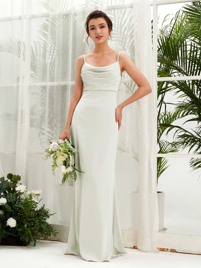 Carlyna Candice Sheath Ivory Satin Bridesmaid Dress Maxi Sleeveless Cowl Neck Dress Front View #color_ivory