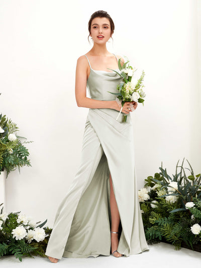 Carlyna Mavis Slim Ivory Satin Bridesmaid Dress Maxi Sleeveless Cowl Neck Dress Front View #color_ivory