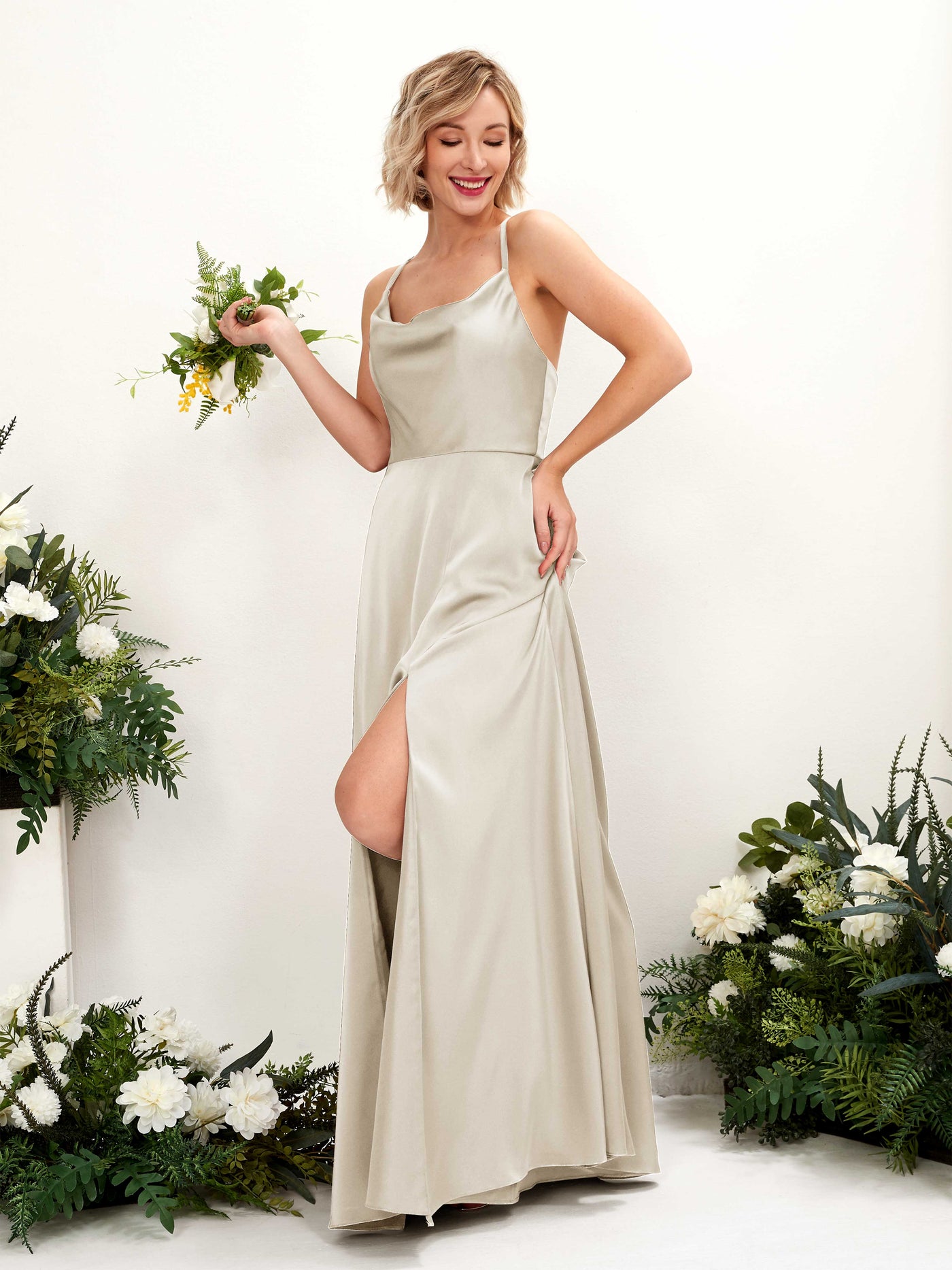 A-line Ball Gown Sexy Slit Straps Satin Bridesmaid Dress - Champagne (80222204)#color_champagne
