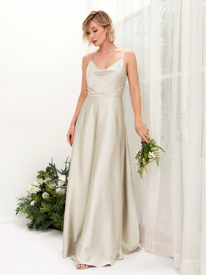 Champagne Satin Bridesmaid Dress A-Line Maxi Cowl Neck | Carlyna Champagne Satin Bridesmaid Dress A-Line Maxi Cowl Neck | Carlyna