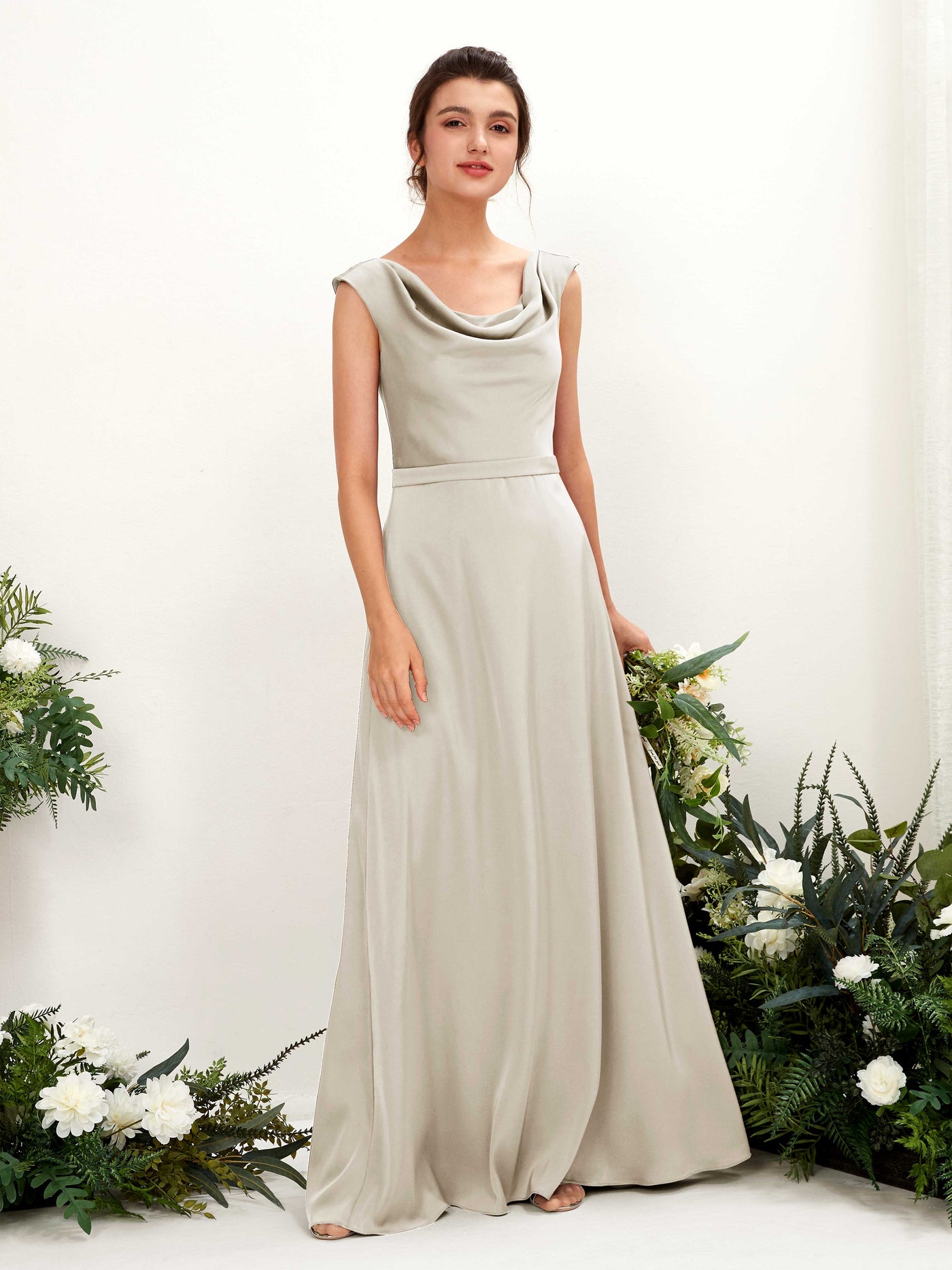 A-line Scoop Sleeveless Satin Bridesmaid Dress - Champagne (80221204)#color_champagne