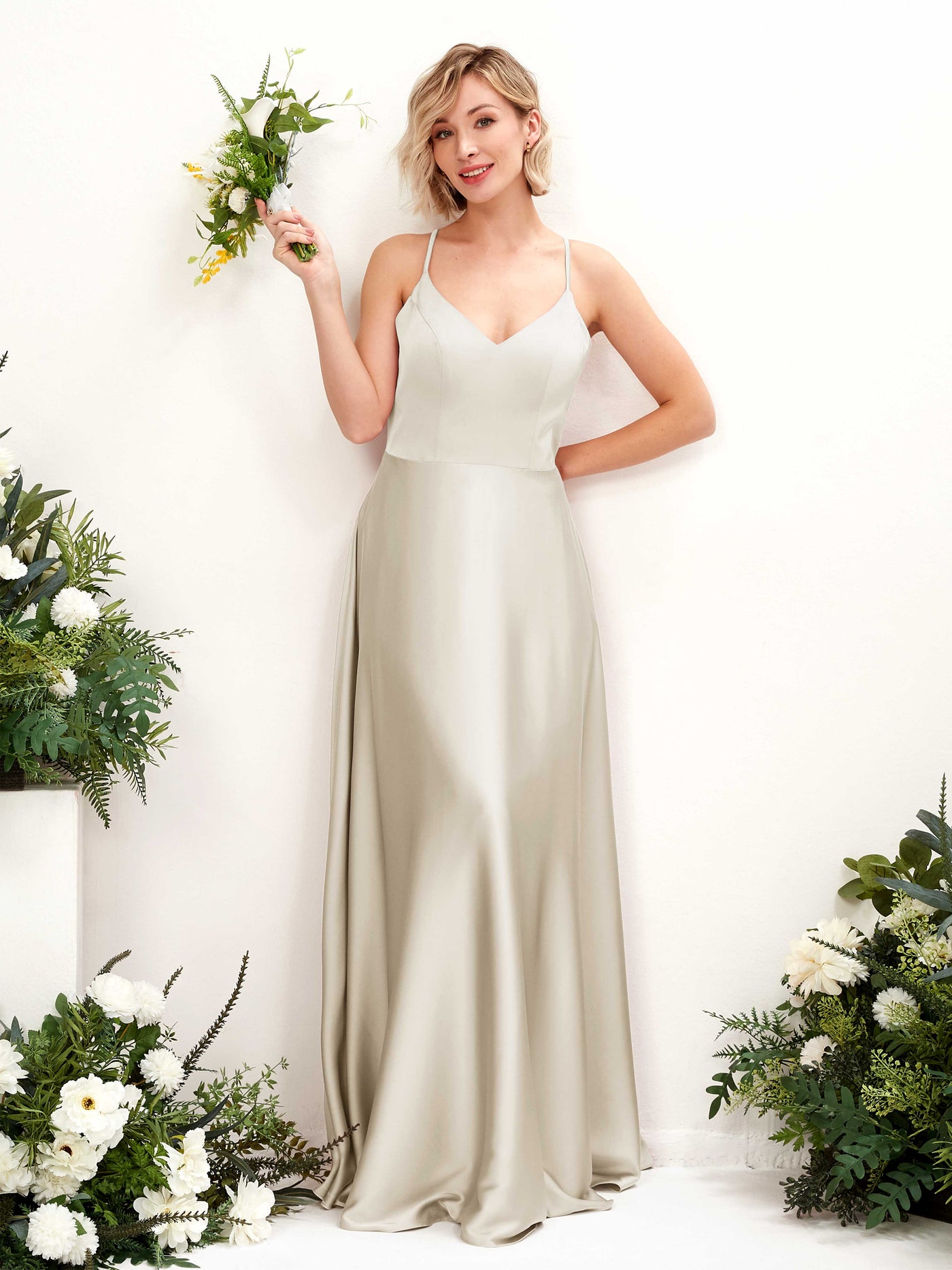Champagne Satin V-Neck Bridesmaid Dress A-Line Floor-Length | Carlyna Champagne Satin V-Neck Bridesmaid Dress A-Line Floor-Length | Carlyna
