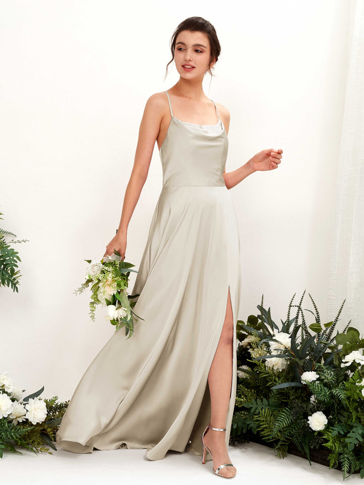 Champagne Satin Bridesmaid Dress A-Line Maxi Cowl Neck | Carlyna Champagne Satin Bridesmaid Dress A-Line Maxi Cowl Neck | Carlyna
