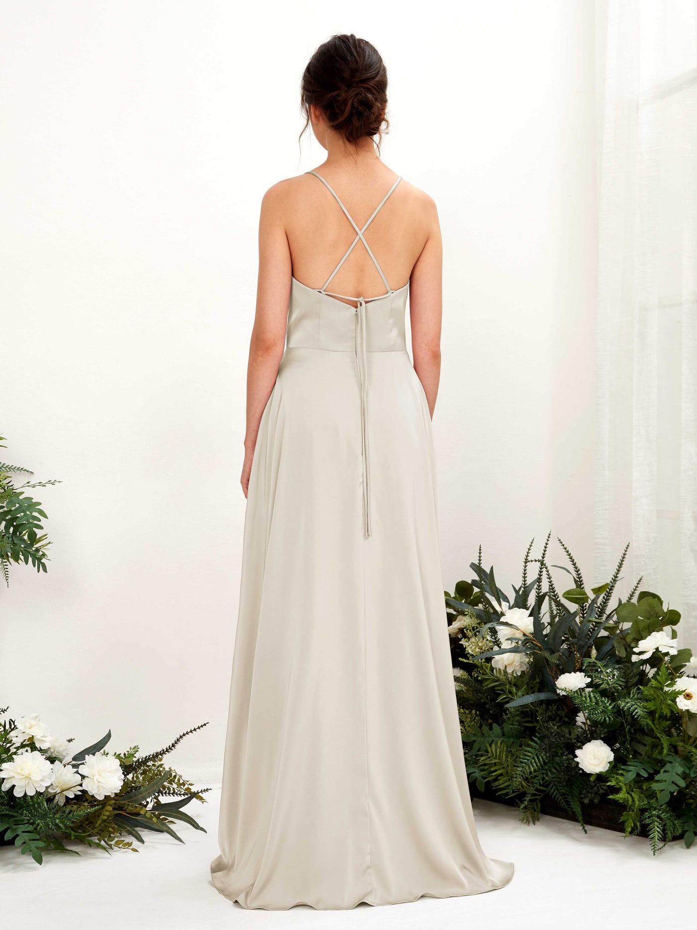 Ball Gown Sexy Slit Straps Sleeveless Satin Bridesmaid Dress - Champagne (80221104)#color_champagne