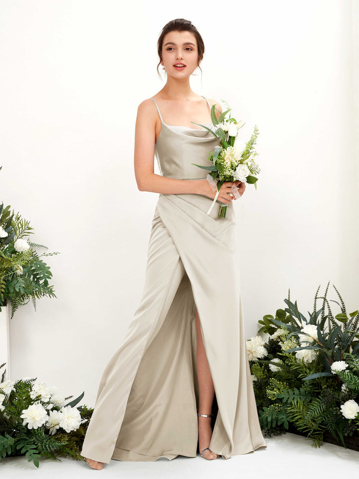 Sexy Slit Straps Sleeveless Satin Bridesmaid Dress - Champagne (80222404)