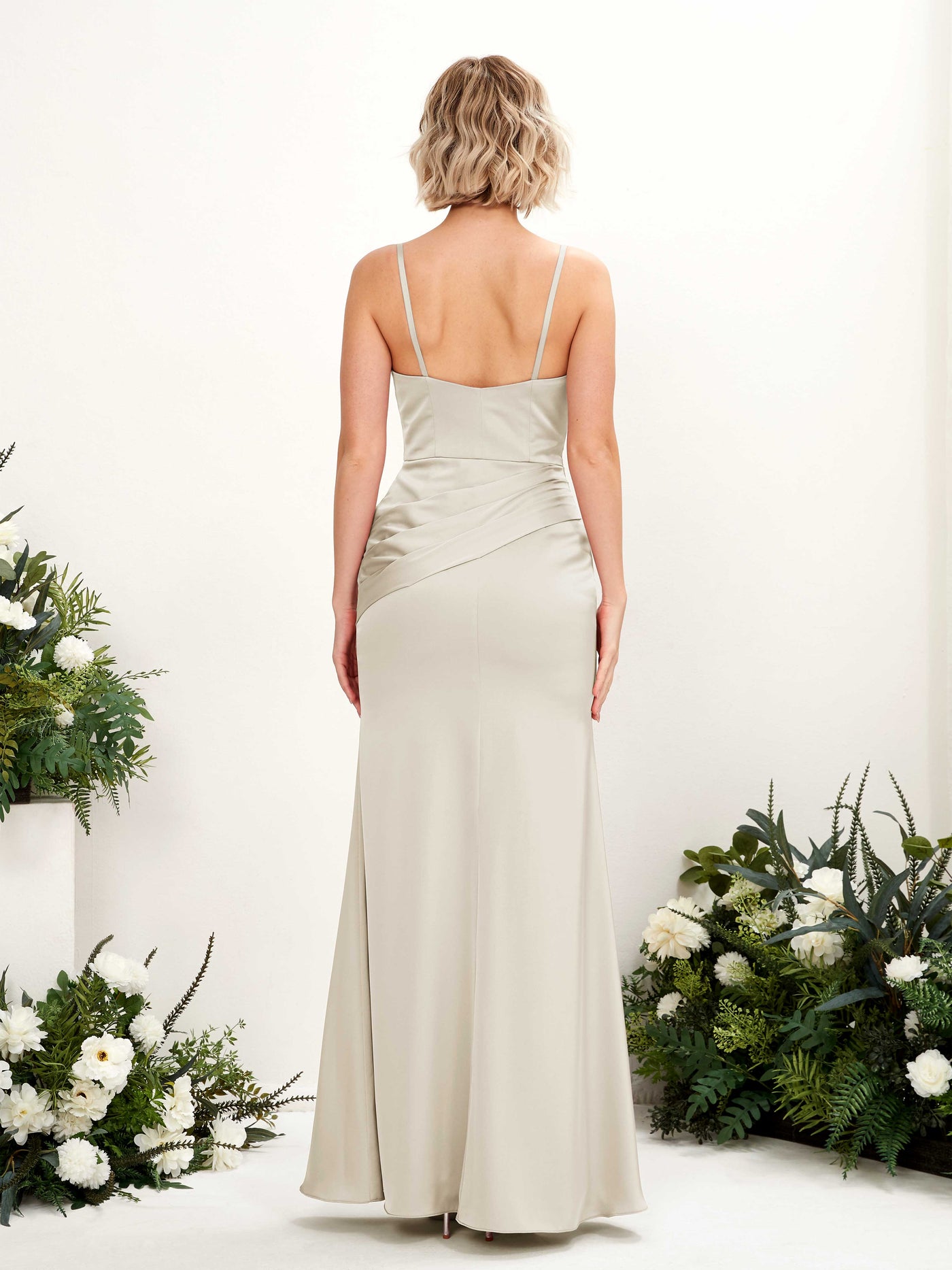 Straps V-neck Sleeveless Satin Bridesmaid Dress - Champagne (80220804)#color_champagne