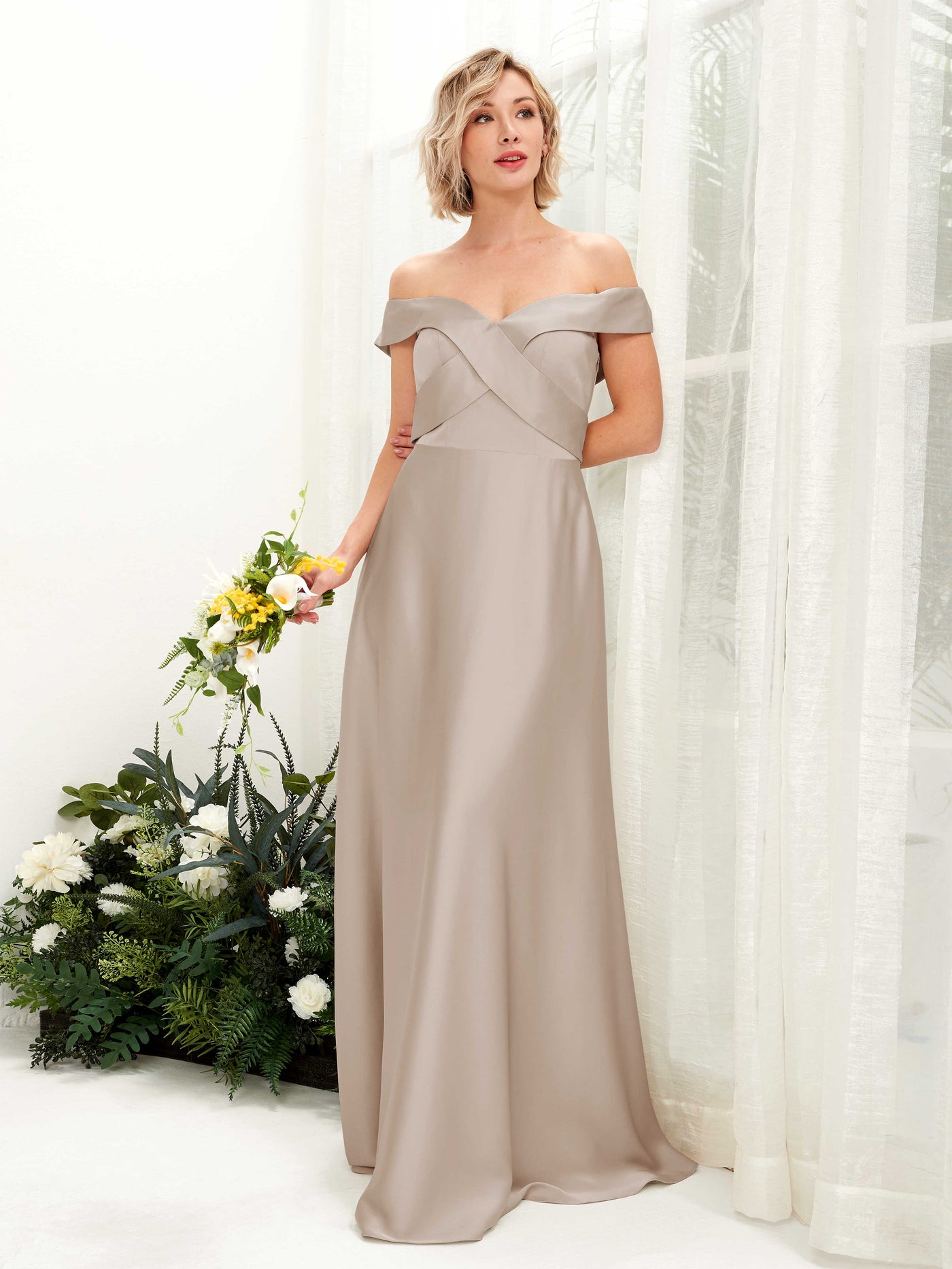 Taupe Bridesmaid Dresses Bridesmaid Dress A-line Satin Off Shoulder Full Length Short Sleeves Wedding Party Dress (80224202)#color_taupe