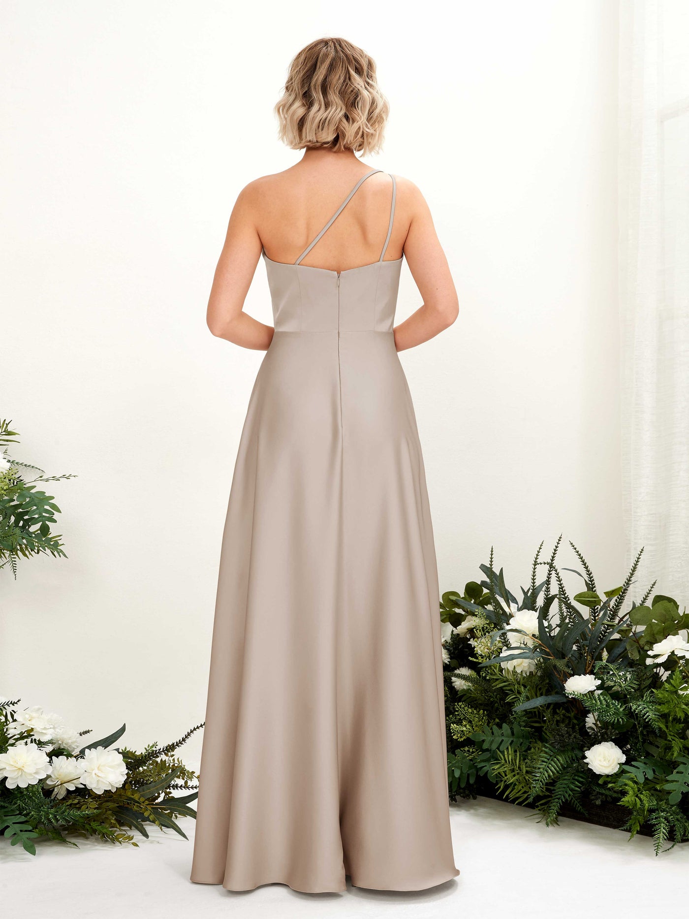 A-line Ball Gown One Shoulder Sleeveless Satin Bridesmaid Dress - Taupe (80224702)#color_taupe