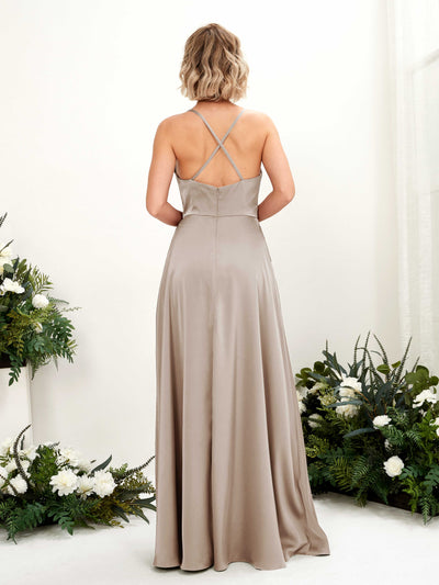 Carlyna Nydia A-Line Taupe Satin Bridesmaid Dress Maxi Sleeveless Cowl Neck Dress Back View #color_taupe