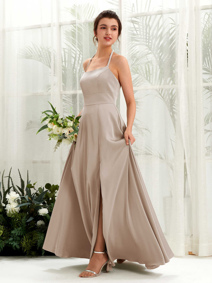 A-line Open back Sexy Slit Halter Bridesmaid Dress - Taupe (80223902)