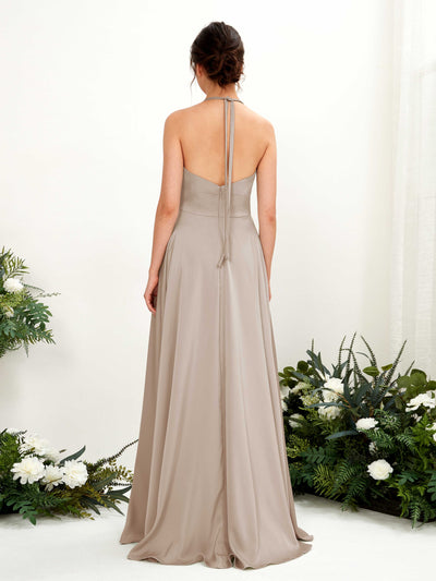 Carlyna Jocelyn A-Line Taupe Satin Bridesmaid Dress Maxi Sleeveless Halter Dress Back View #color_taupe
