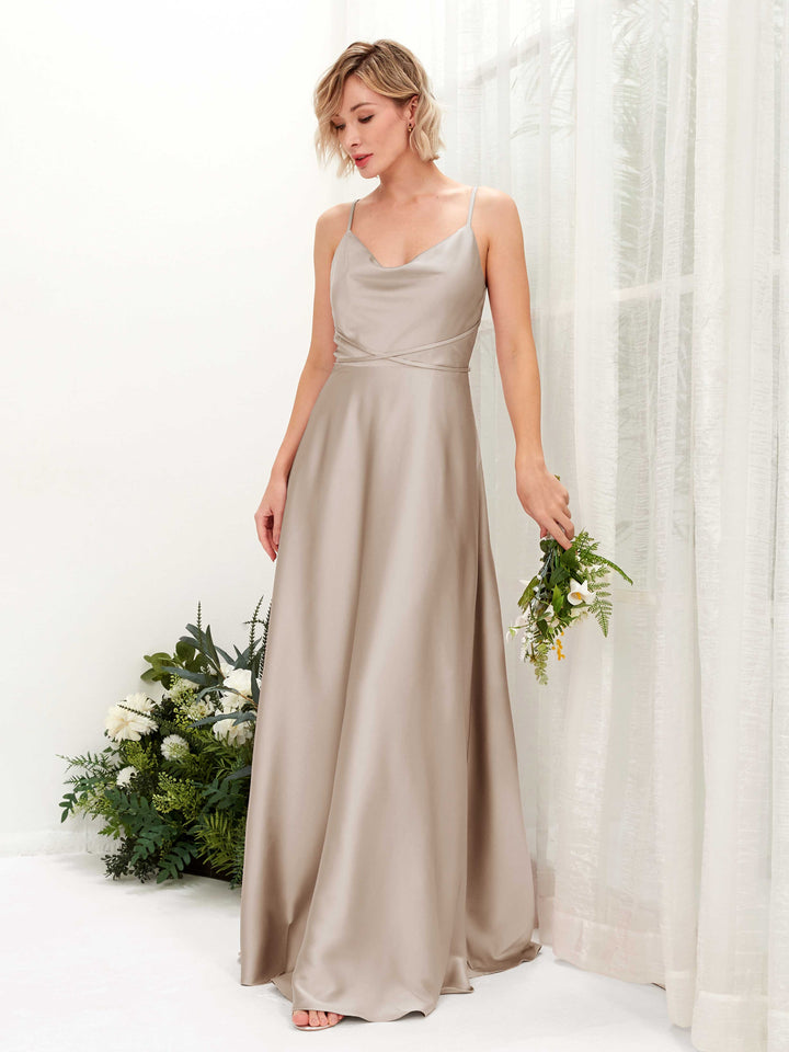 A-line Open back Straps Sleeveless Satin Bridesmaid Dress - Taupe (80223102)
