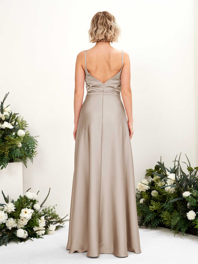 Carlyna Wallis A-Line Taupe Satin Bridesmaid Dress Maxi Sleeveless Cowl Neck Dress Back View #color_taupe