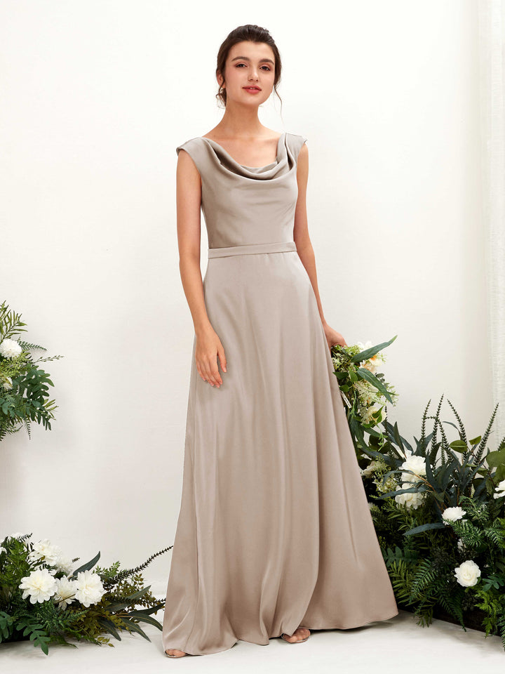Taupe Satin Cowl Neck Bridesmaid Dress A-Line Floor-Length | Carlyna Taupe Satin Cowl Neck Bridesmaid Dress A-Line Floor-Length | Carlyna