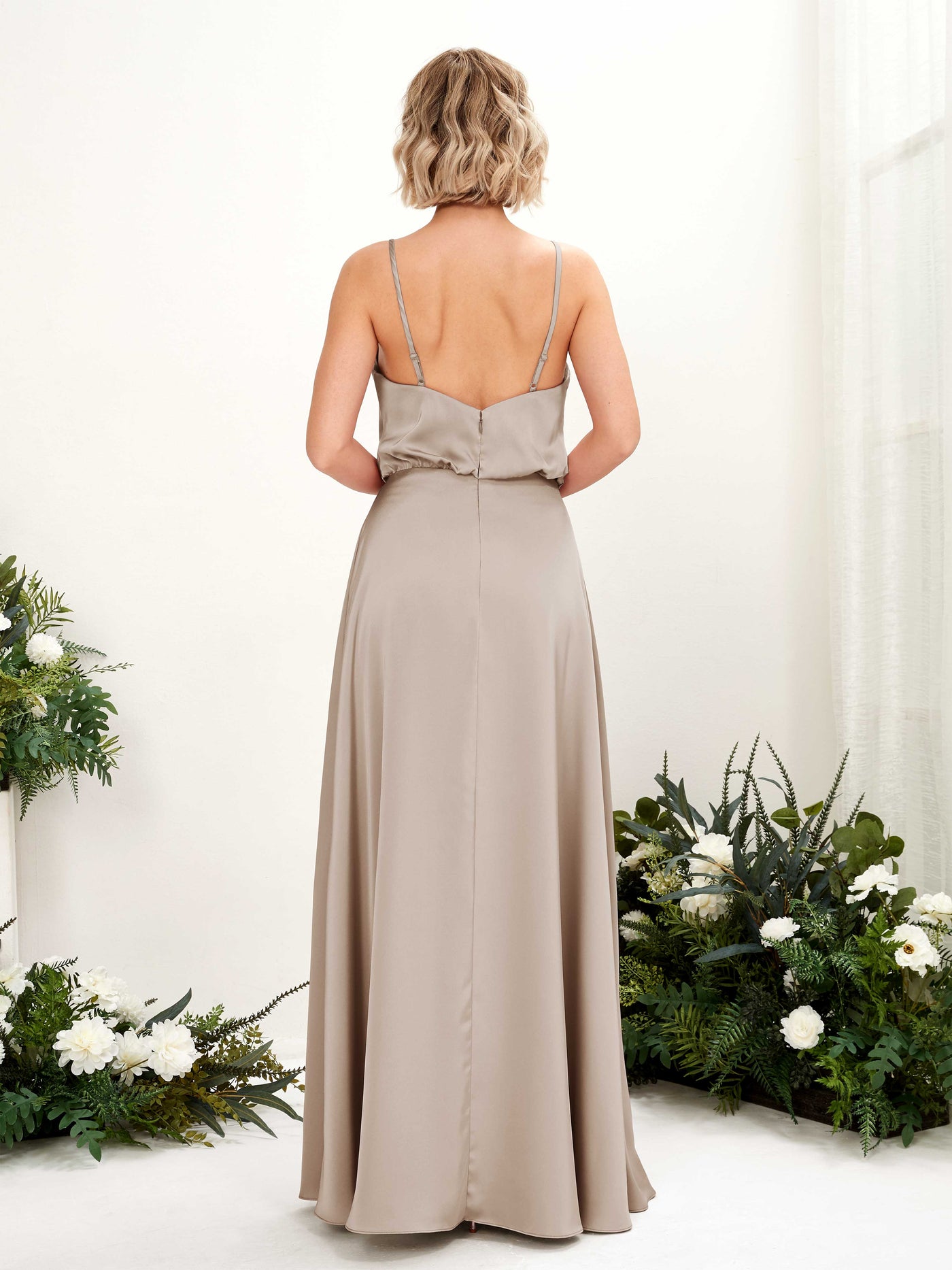 A-line Sexy Slit Spaghetti-straps V-neck Satin Bridesmaid Dress - Taupe (80224502)#color_taupe