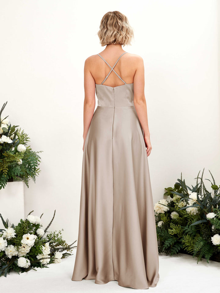 Taupe Satin V-Neck Bridesmaid Dress A-Line Floor-Length