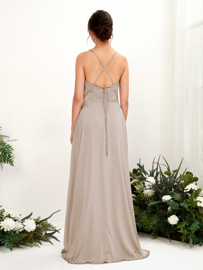 Carlyna Theresa A-Line Taupe Satin Bridesmaid Dress Maxi Sleeveless Cowl Neck Dress Back View #color_taupe