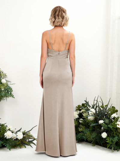Carlyna Gloria Mermaid Taupe Satin Bridesmaid Dress Maxi Sleeveless Cowl Neck Dress Back View #color_taupe