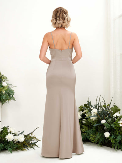 Carlyna Lesley Mermaid Taupe Satin Bridesmaid Dress Maxi Sleeveless Sweetheart Dress Back View #color_taupe