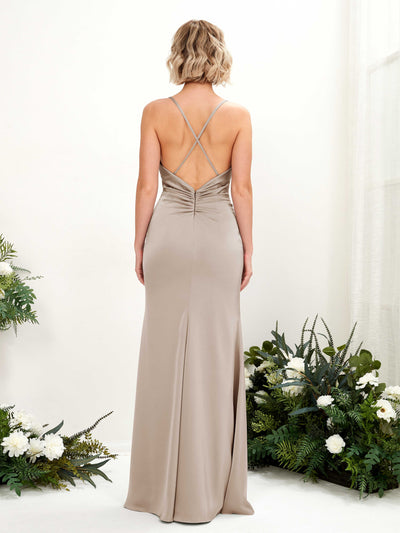 Carlyna Regina Mermaid Taupe Satin Bridesmaid Dress Maxi Sleeveless Cowl Neck Dress Side View 2 #color_taupe