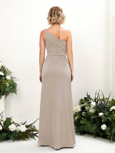 Carlyna Hedy Sheath Taupe Satin Bridesmaid Dress Maxi Sleeveless One Shoulder Dress Back View #color_taupe