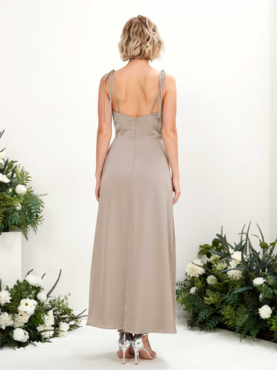 Carlyna Viola Sheath Taupe Satin Bridesmaid Dress Midi Sleeveless Cowl Neck Dress Back View #color_taupe