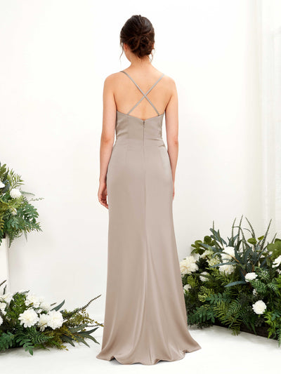 Carlyna Mavis Slim Taupe Satin Bridesmaid Dress Maxi Sleeveless Cowl Neck Dress Back View #color_taupe