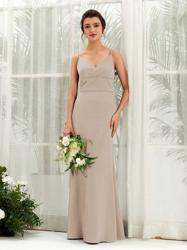 taupe mermaid dress Taupe Satin V-Neck Bridesmaid Dress Mermaid Floor-Length