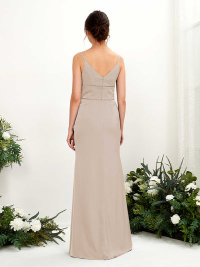 Carlyna Kama Mermaid Taupe Satin Bridesmaid Dress Maxi Sleeveless V-Neck Dress Back View #color_taupe