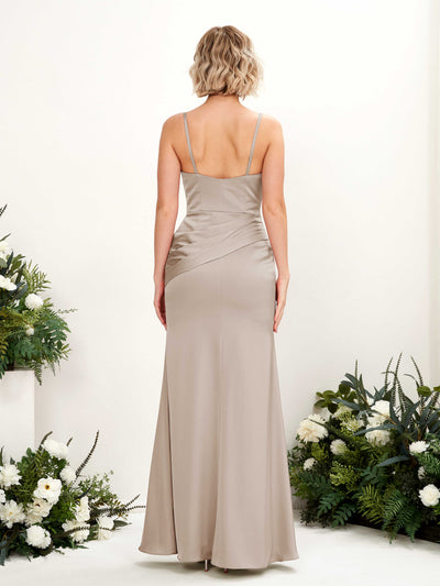 Carlyna Shirley Mermaid Taupe Satin Bridesmaid Dress Maxi Sleeveless V-Neck Dress Back View #color_taupe
