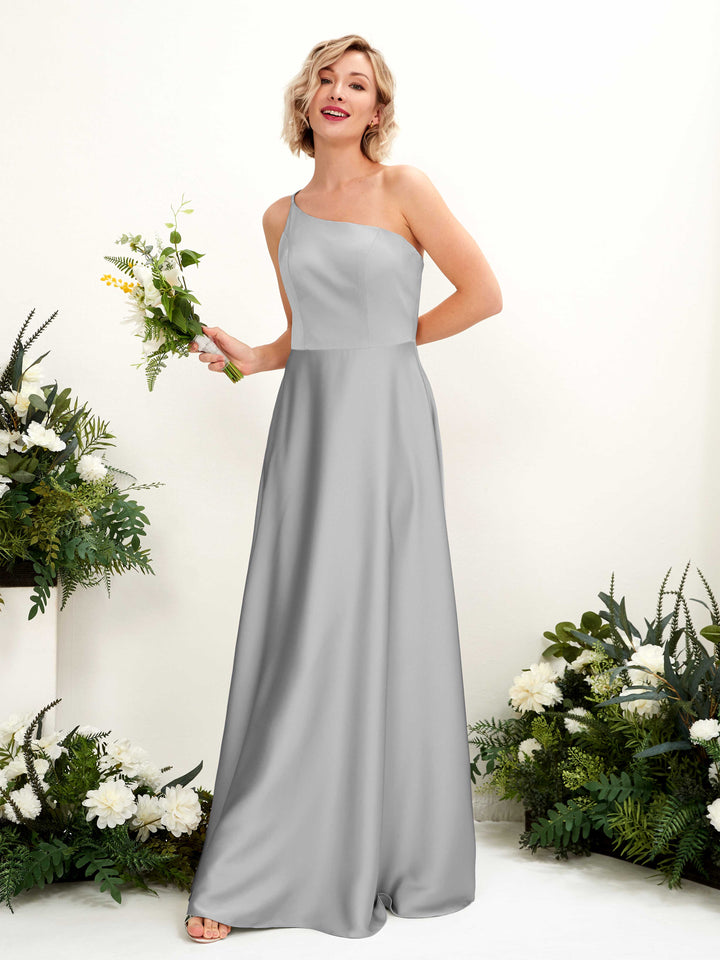 A-line Ball Gown One Shoulder Sleeveless Satin Bridesmaid Dress - Dove (80224711)