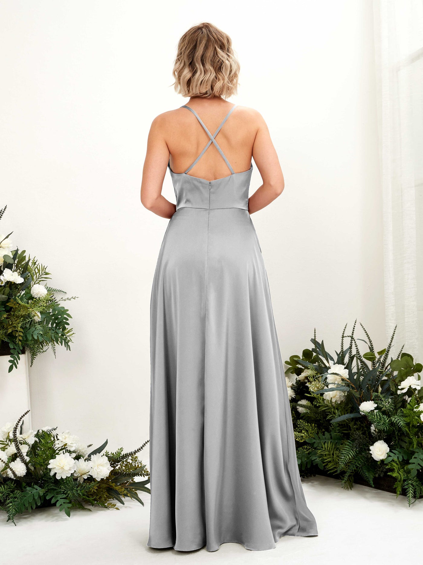 A-line Ball Gown Sexy Slit Straps Satin Bridesmaid Dress - Dove (80222211)#color_dove