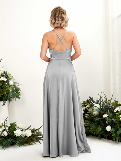 Carlyna Nydia A-Line Dove Satin Bridesmaid Dress Maxi Sleeveless Cowl Neck Dress Back View #color_dove