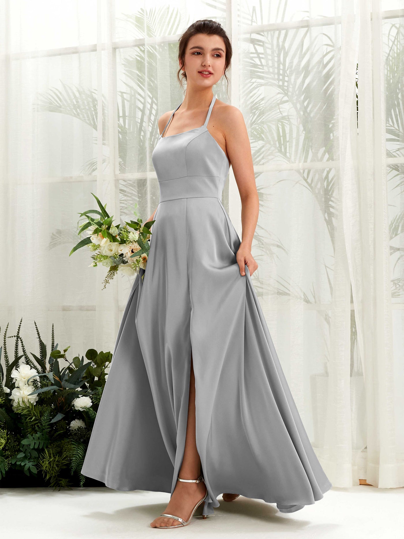 A-line Open back Sexy Slit Halter Bridesmaid Dress - Dove (80223911)#color_dove