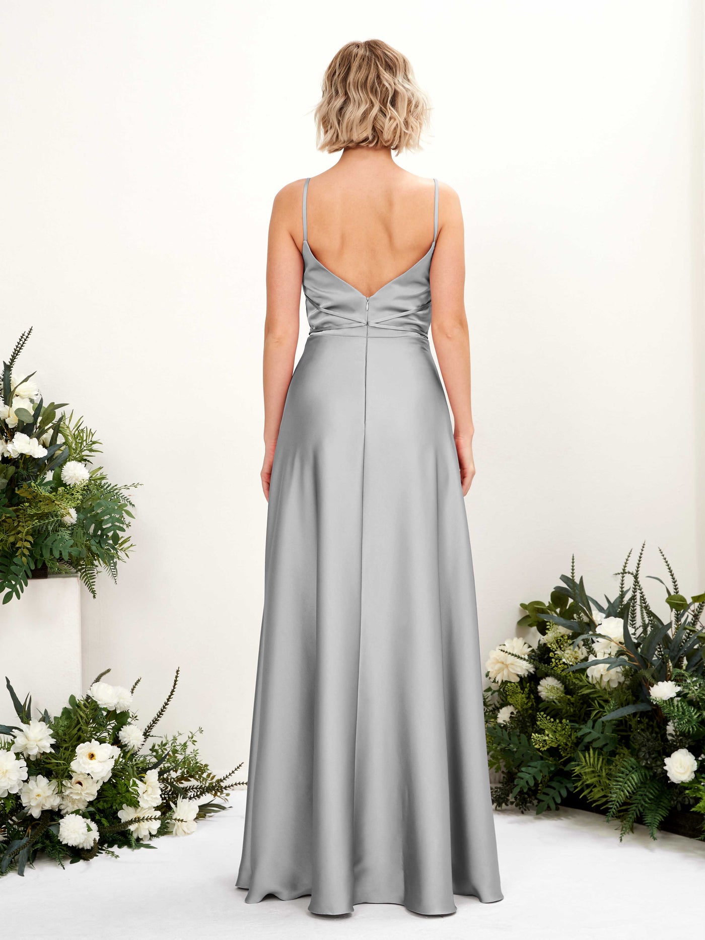 A-line Open back Straps Sleeveless Satin Bridesmaid Dress - Dove (80223111)#color_dove