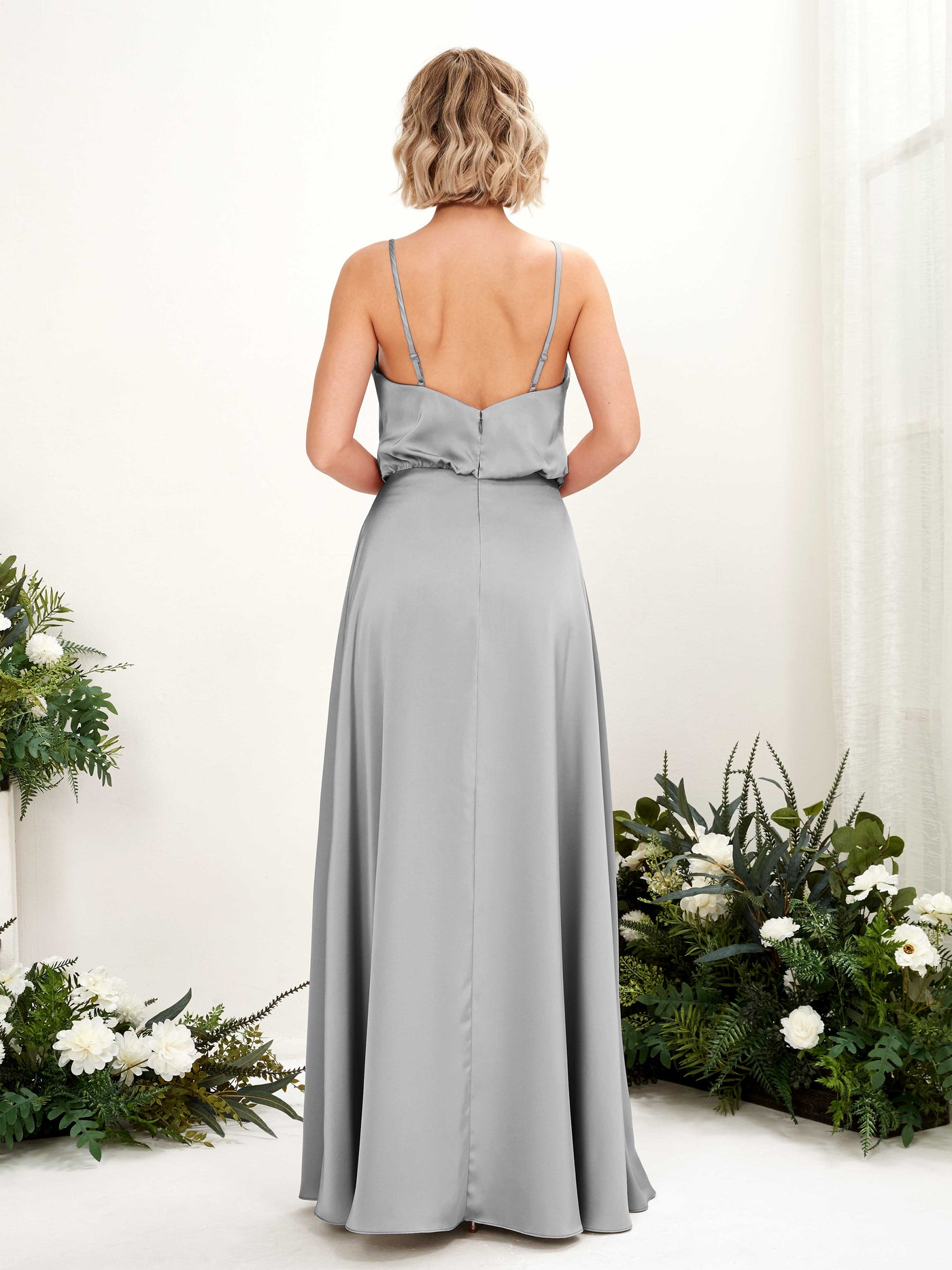 A-line Sexy Slit Spaghetti-straps V-neck Satin Bridesmaid Dress - Dove (80224511)#color_dove