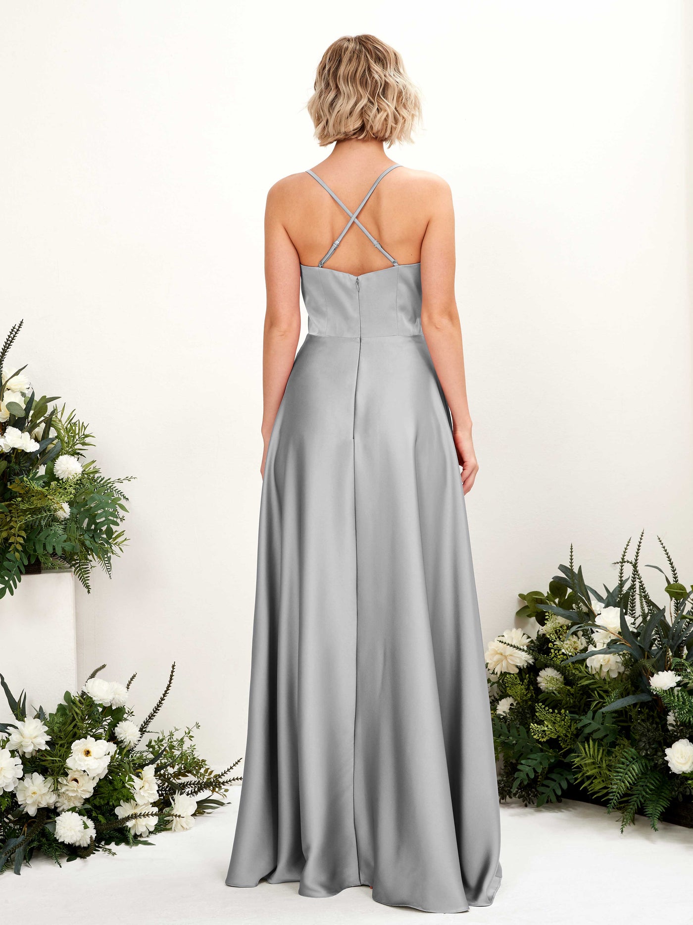 A-line Straps V-neck Satin Bridesmaid Dress - Dove (80224811)#color_dove