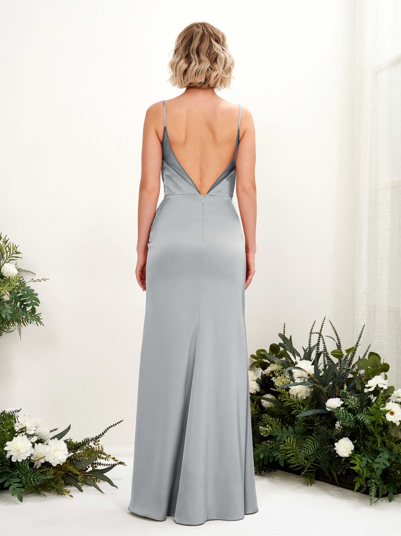 Open back Sexy Slit Spaghetti-straps Satin Bridesmaid Dress - Dove (80222611)#color_dove